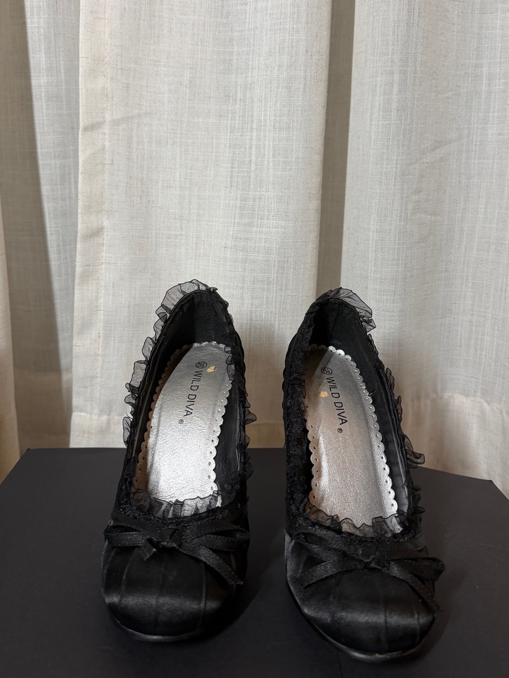 Wild Diva Black Satin Ruffle Bow Heels